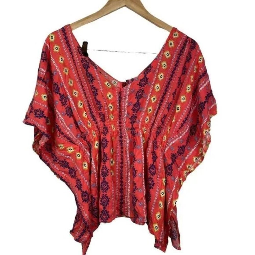 POLLY & ESTHER CORAL SMOCKED FLUTTER SLEEVE BLOUSE LARGE-EUC
